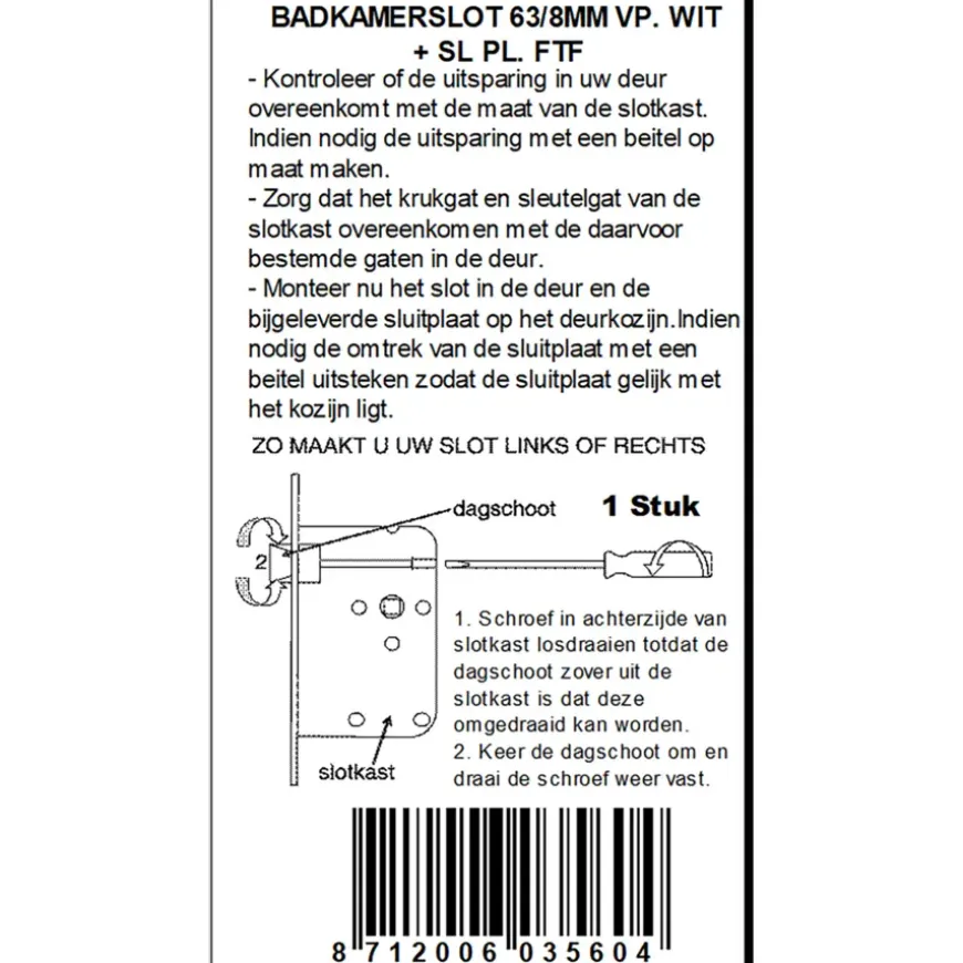 ATZ Insteekslot badkamerslot/wc-slot met witte voorplaat Doorn 50mm
