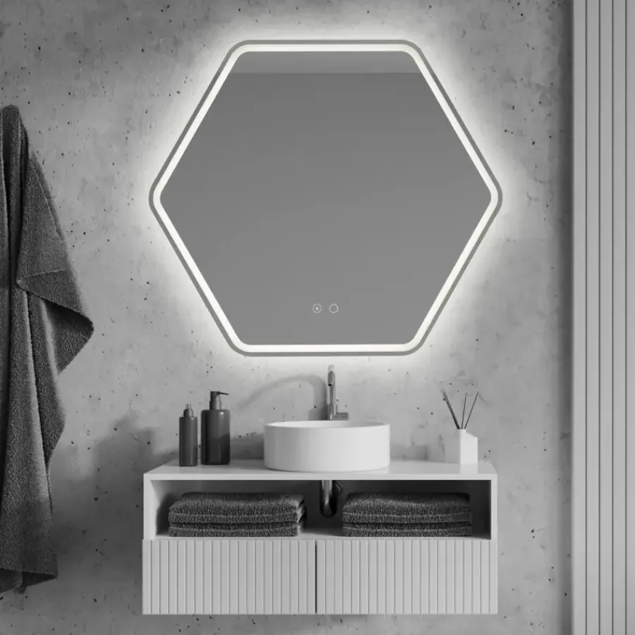 Geen Badkamerspiegel Nora met verlichting hexagon 79 x 70 cm met lijst chroom