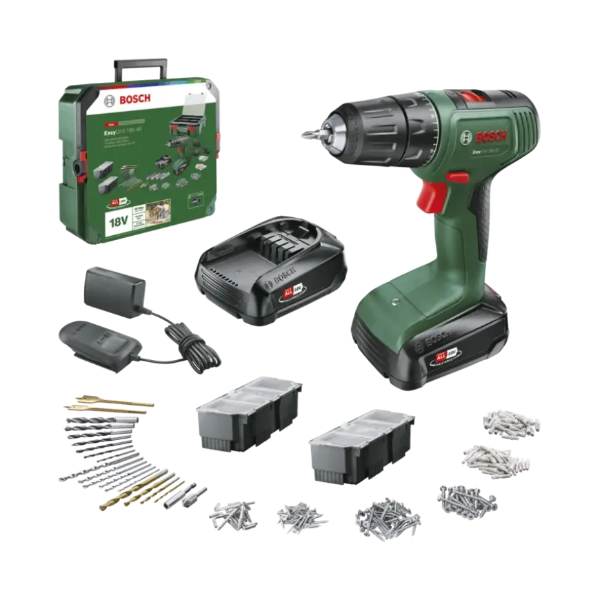 Bosch 18V accuboormachine EasyDrill Systeembox met 241 accessoires (incl. 2 accu's 1.5Ah + lader)
