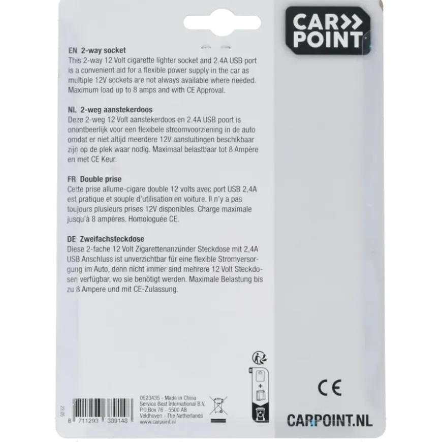 Carpoint 2-weg 12V stekkerdoos 2x12V en 1X USB