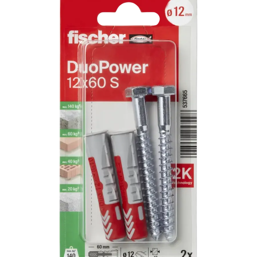 Fischer Universeelplug DuoPower 12x60mm met zeskantschroef 2 stuks