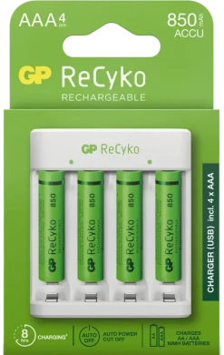 GP Batterijlader 411 + 4x oplaadbare batterijen AAA 850mAh ReCyko + Micro USB-lader