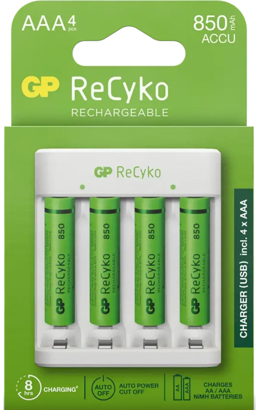GP Batterijlader 411 + 4x oplaadbare batterijen AAA 850mAh ReCyko + Micro USB-lader