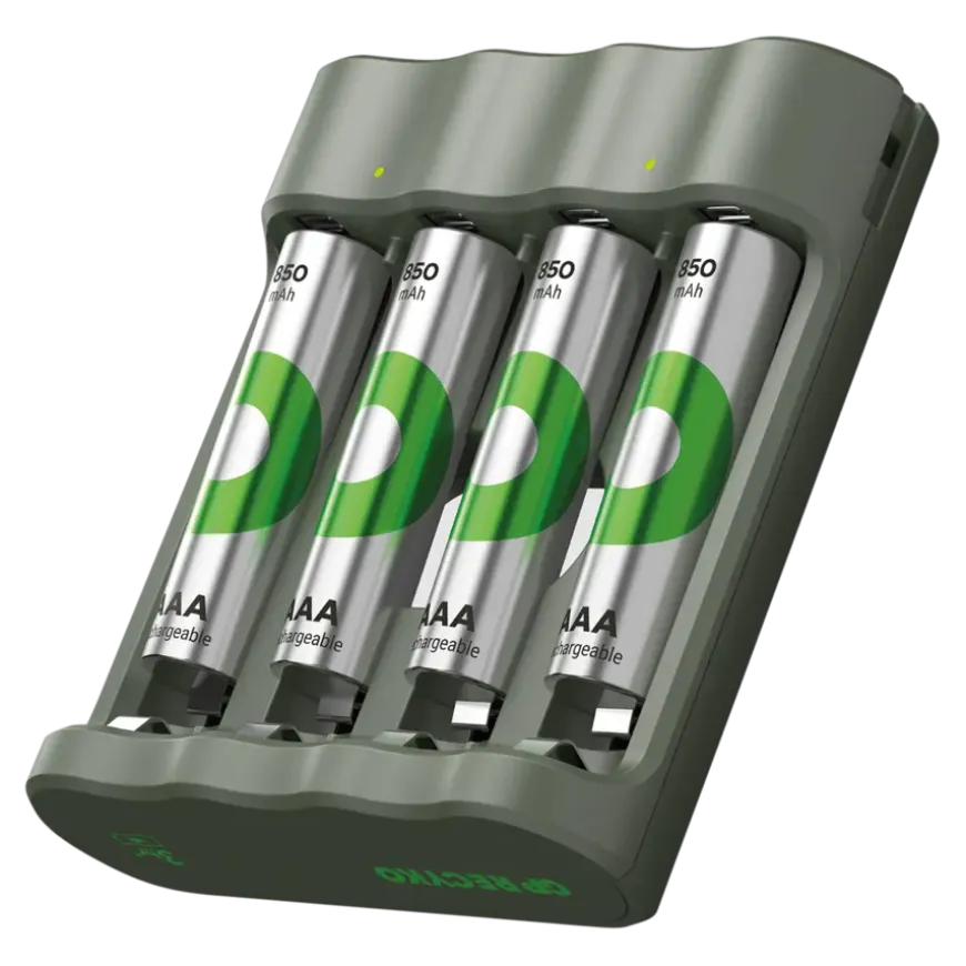 GP Batterijlader 411 + 4x oplaadbare batterijen AAA 850mAh ReCyko + Micro USB-lader