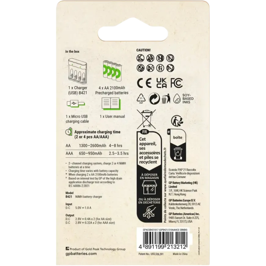 GP Batterijlader + 4x oplaadbare batterijen AA 2100mAh ReCyko + Micro USB-lader