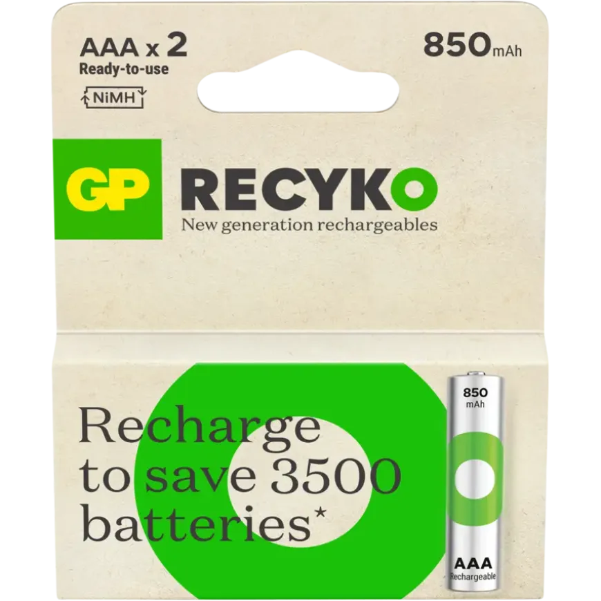 GP Batterij Oplaadbaar AAA NiMH 850mAh ReCyko 1,2V 2 Stuks