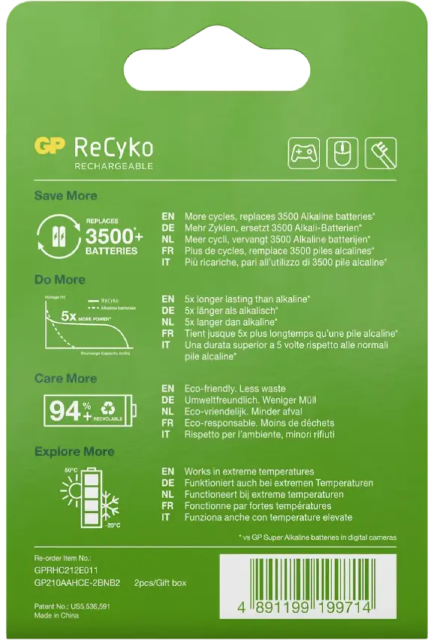 GP Batterij Oplaadbaar AA NiMH 2100mAh ReCyko 1,2V 2 Stuks