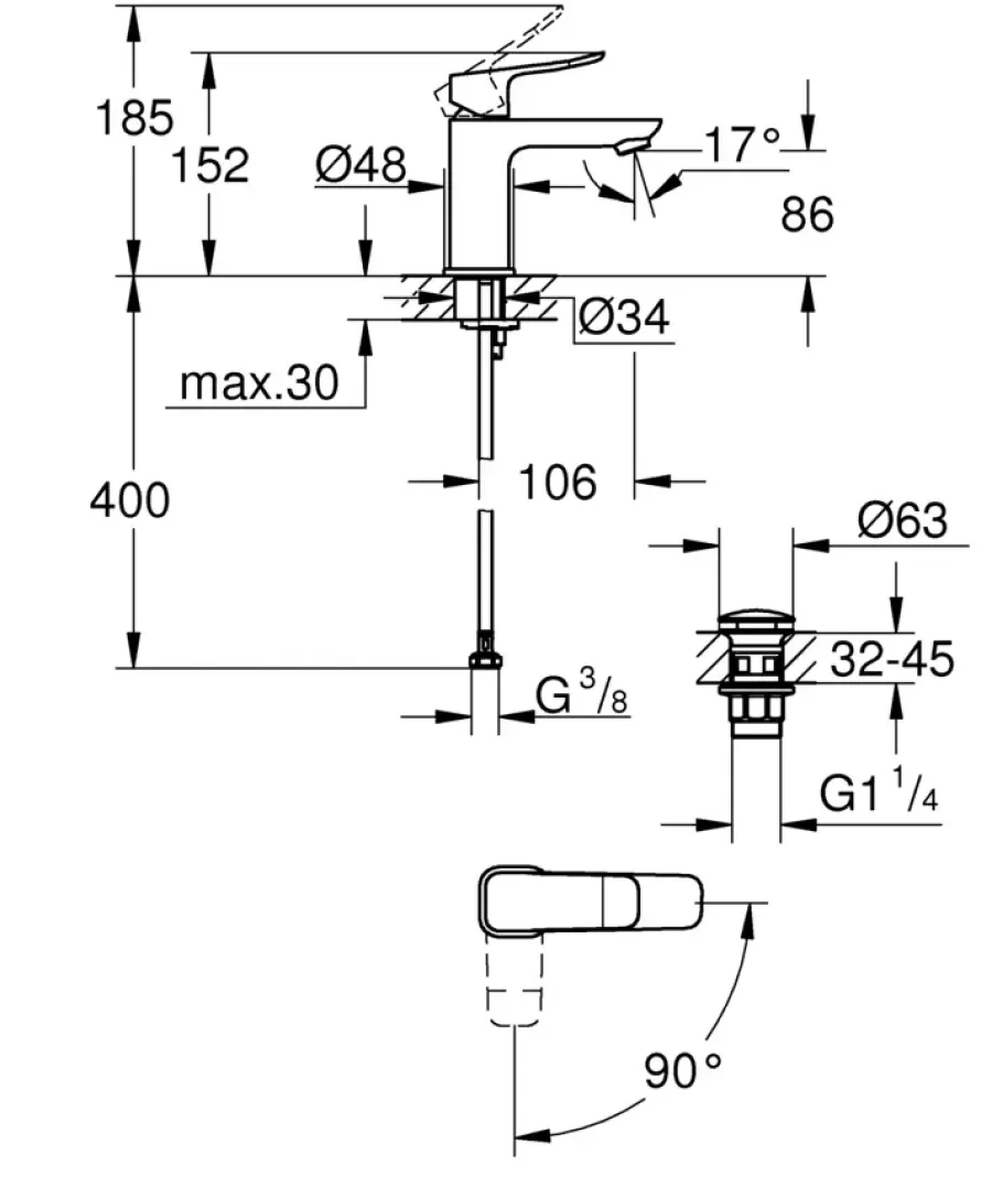 Grohe Dice wastafelmengkraan S-Size Push open Chroom