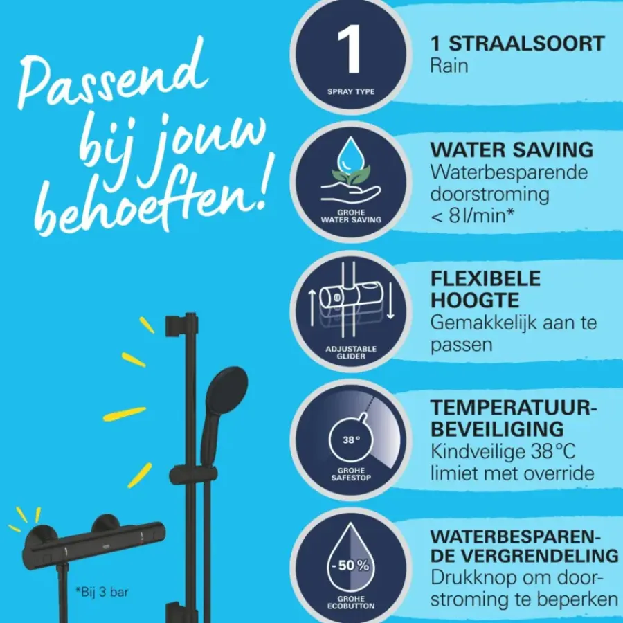 Grohe Vitalio Start doucheset Precision Start met thermostaatkraan mat zwart