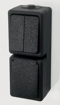 Handson opbouw combinatie stopcontact/serie schakelaar spatwaterdicht zwart