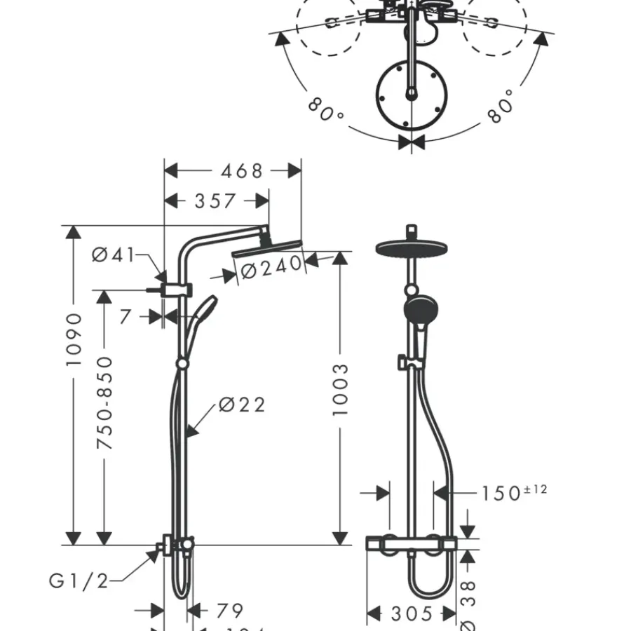 Hansgrohe regendoucheset MySelect S 240 met handdouche en thermostaatkraan 3 standen chroom