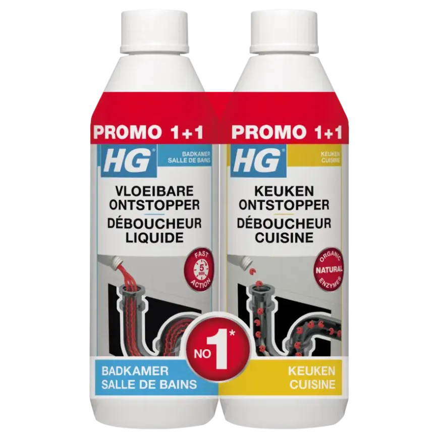 HG Vloeibare ontstopper 500 ml + Gratis HG Keukenontstopper 500 ml