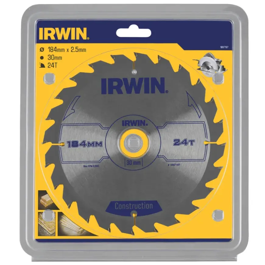 Irwin cirkelzaagblad Ø184 mm. Inclusief reduceerringen waardoor geschikt voor asgat 16, 20 en 30 mm, vertanding 24T