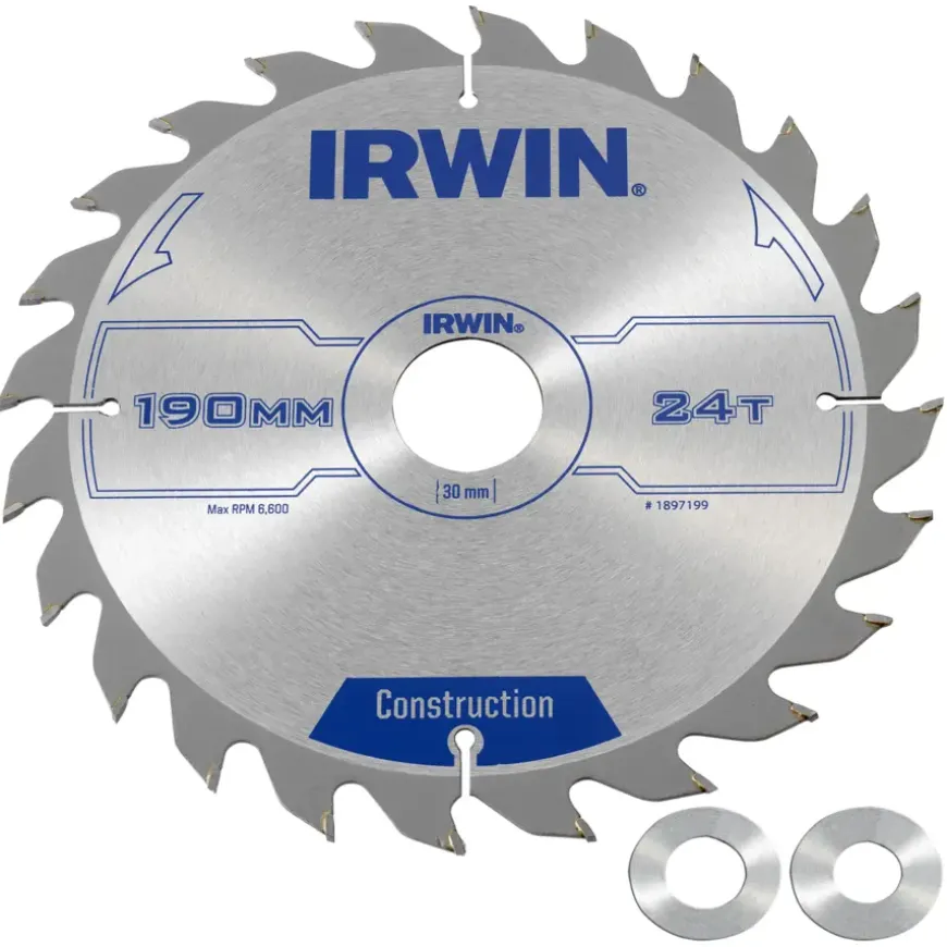 Irwin cirkelzaagblad Ø190 mm. Inclusief reduceerringen waardoor geschikt voor asgat 16, 20 en 30 mm, vertanding 24T
