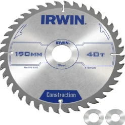 Irwin cirkelzaagblad Ø190 mm. Inclusief reduceerringen waardoor geschikt voor asgat 16, 20 en 30 mm, vertanding 40T