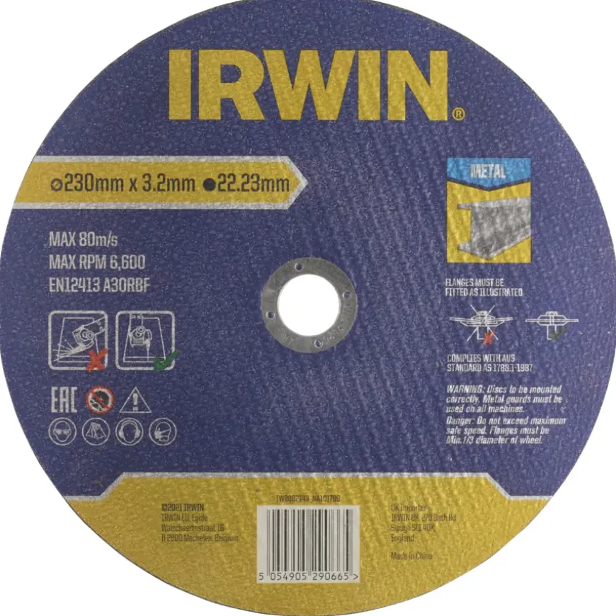 Irwin doorslijpschijf Ø230 mm. Dikte 3 mm. Voor metaal.