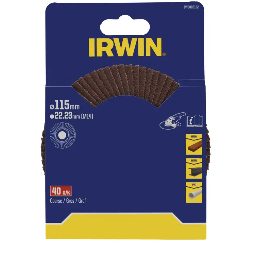 Irwin lamellenschuurschijf voor haakse slijper Ø 115 mm korrelgrootte K40.