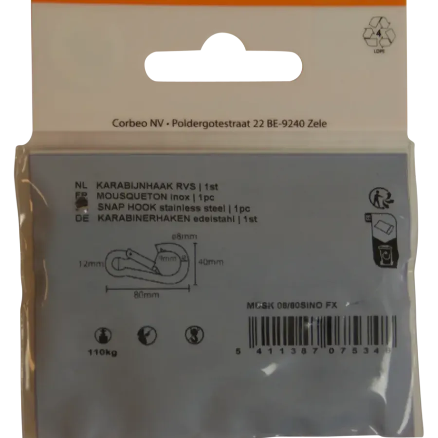Ledent Karabijnhaak RVS 80 mm 1 stuk