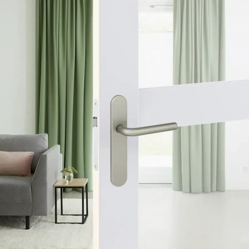 Karwei deurkruk set Gino ovaal blind schild RVS look aluminium
