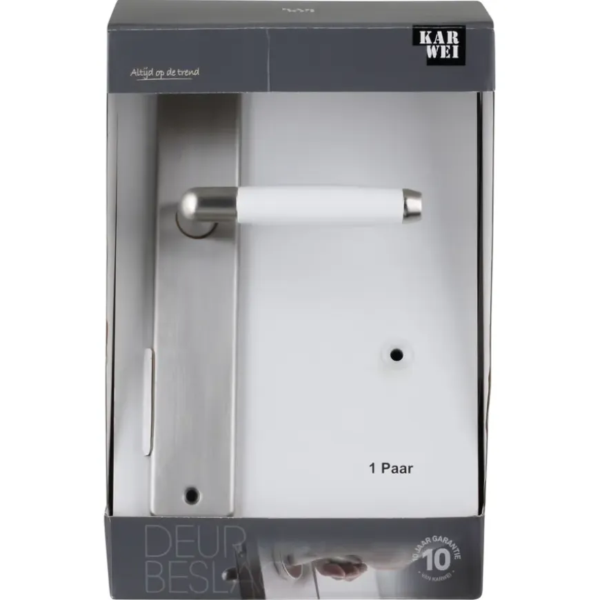 Karwei deurkruk set Lago recht blind schild RVS look messing