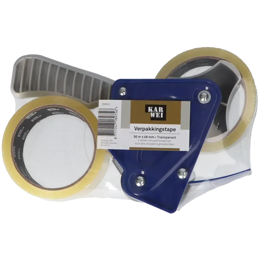 KARWEI verpakkingstape transparant 48 mm x 50 m (2 rollen) met dispenser