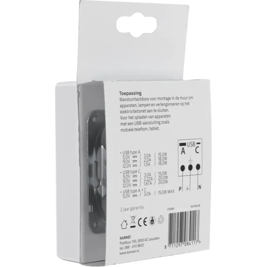 KARWEI Zenith Dubbel Stopcontact Geaard met USB A+C Wit