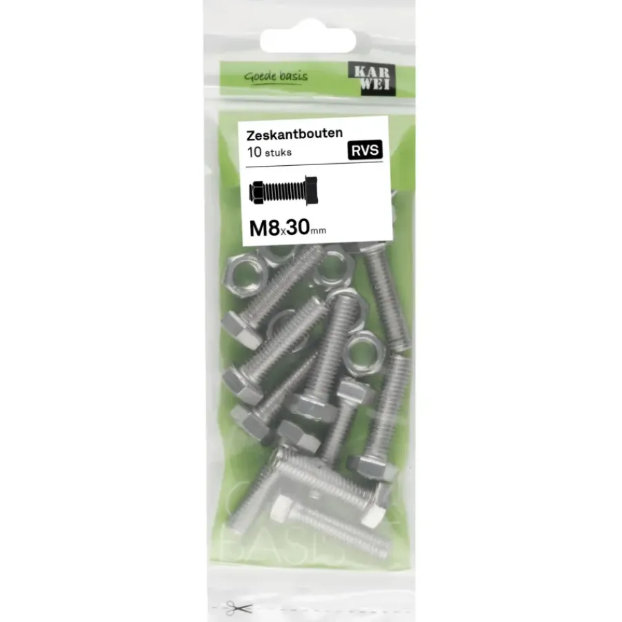 KARWEI zeskantbout voldraad rvs M8x30 mm 10 stuks
