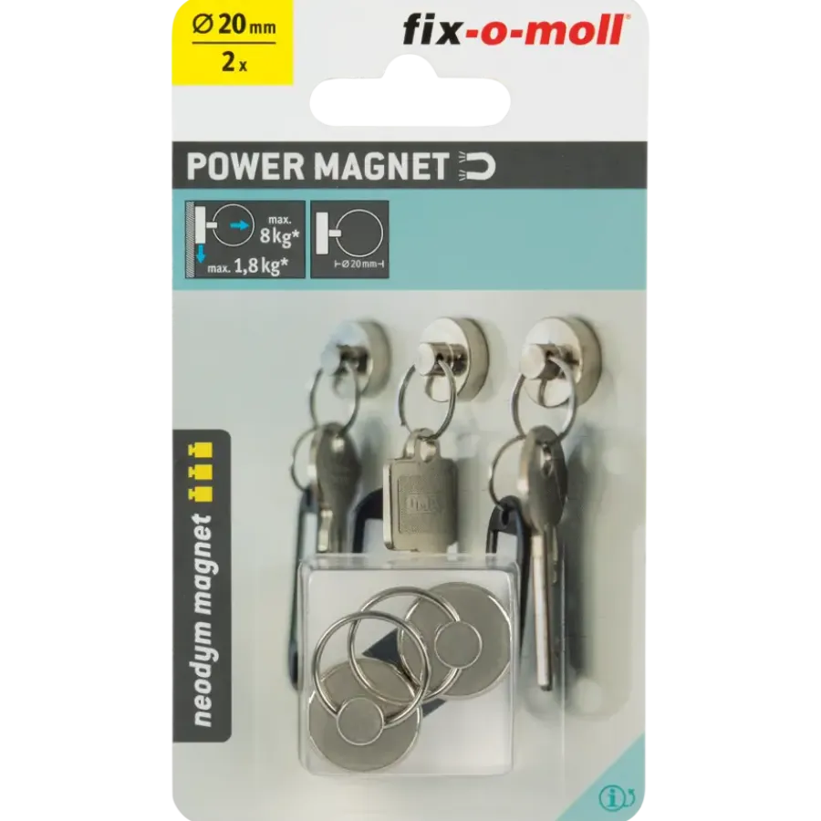Fix-o-moll Magneet sleutelhanger Neodymium zilver 20mm 2 stuks