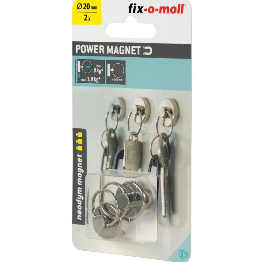 Fix-o-moll Magneet sleutelhanger Neodymium zilver 20mm 2 stuks