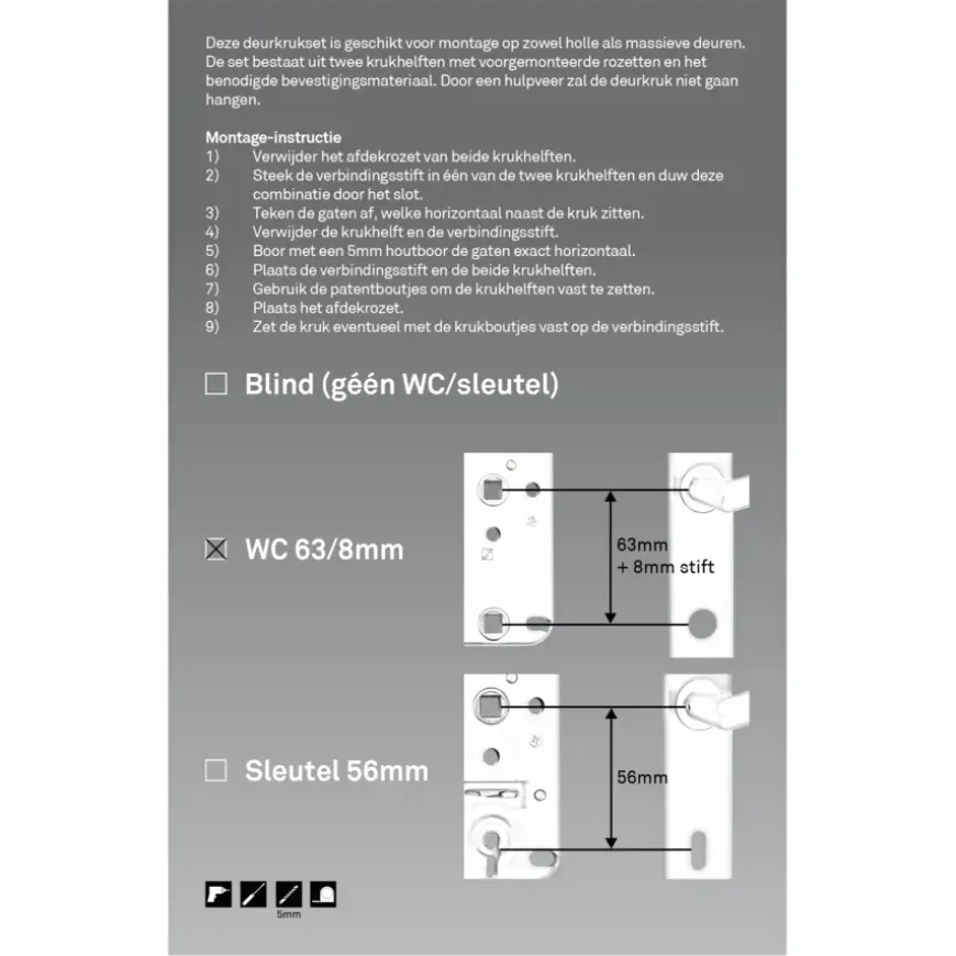 Novidade deurkrukset Hera ovaal schild met vrij-bezet sluiting 63/8 mm RVS