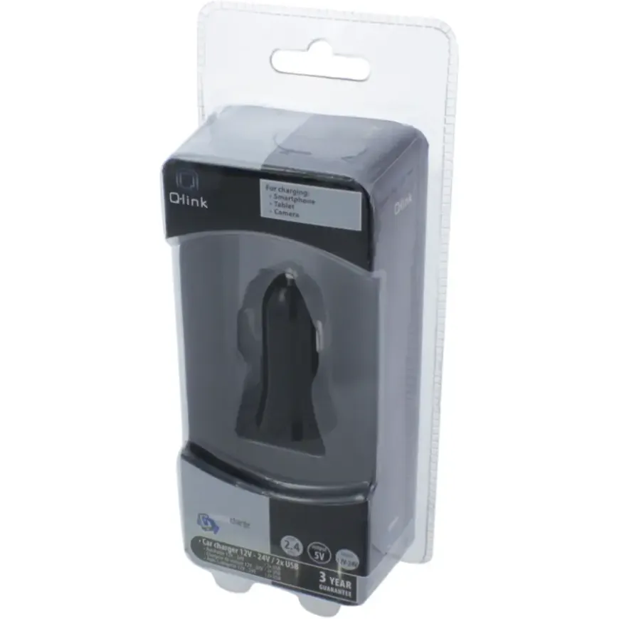Q-Link Autolader 12V met 2 USB-A zwart