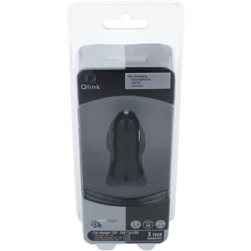 Q-Link Autolader 12V met 2 USB-A zwart