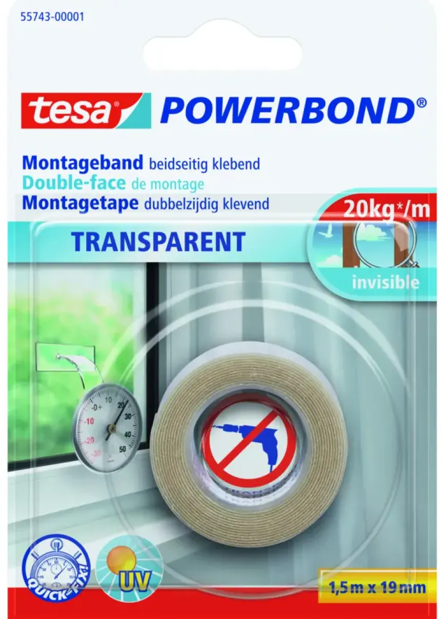 Tesa Powerbond montagetape transparant 1,5 m x 19 mm