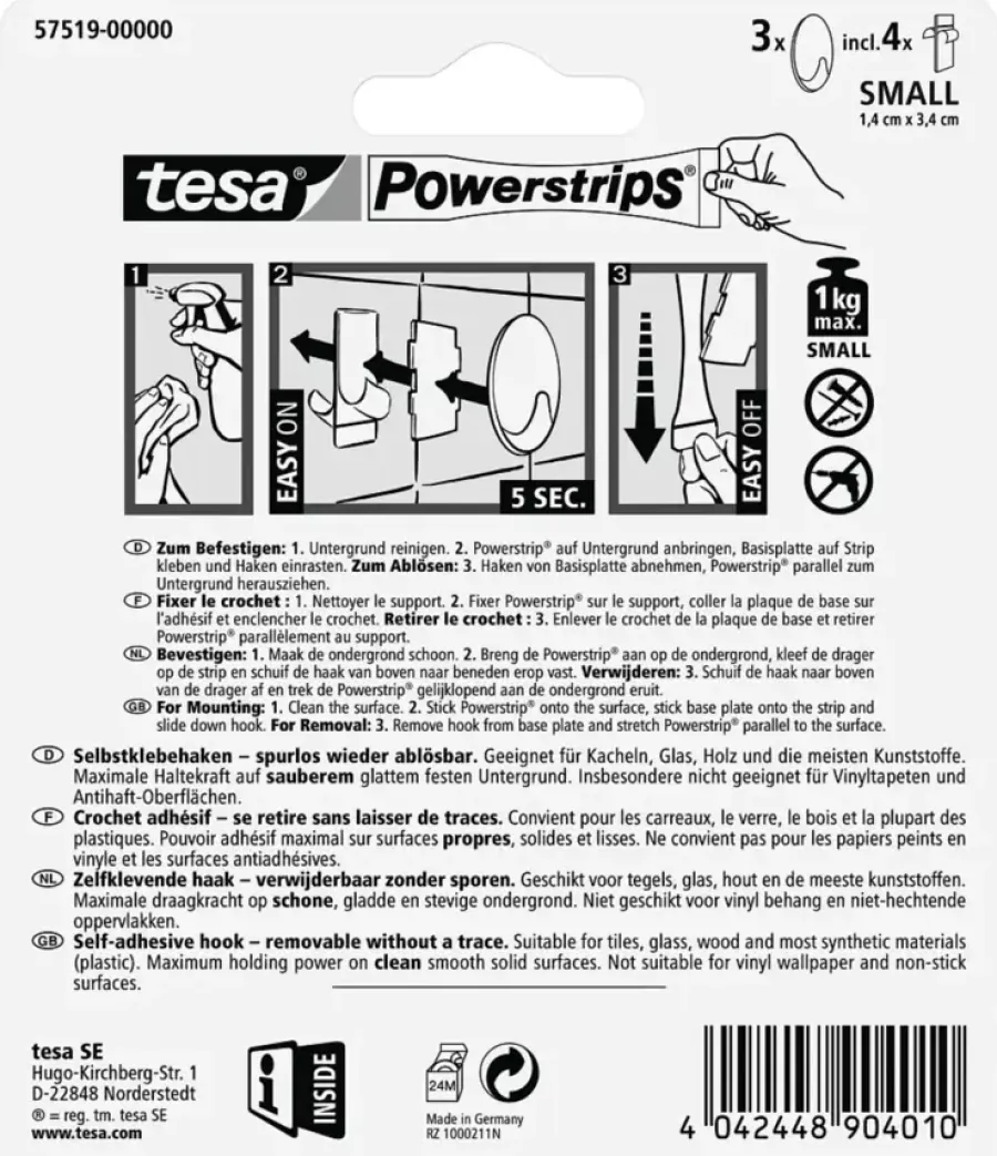 Tesa Powerstrips haak ovaal mat chroom 3 stuks