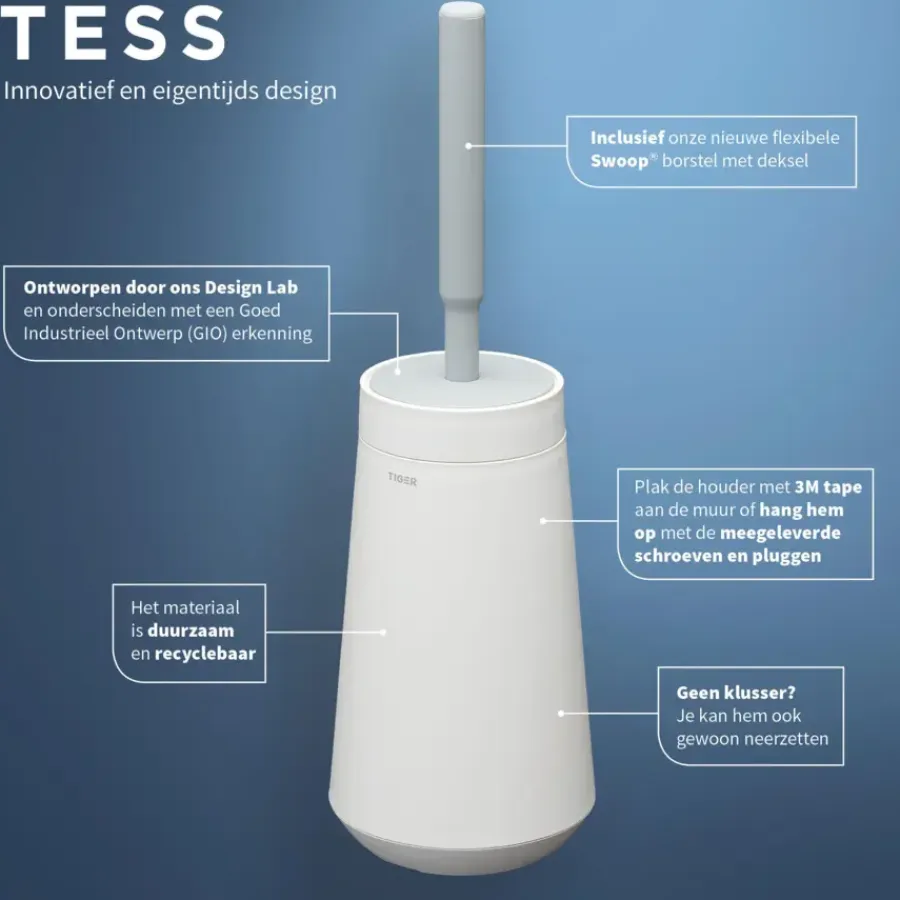 Tiger Toiletborstelhouder TESS met Swoop borstel flexibel wit/ lichtgrijs