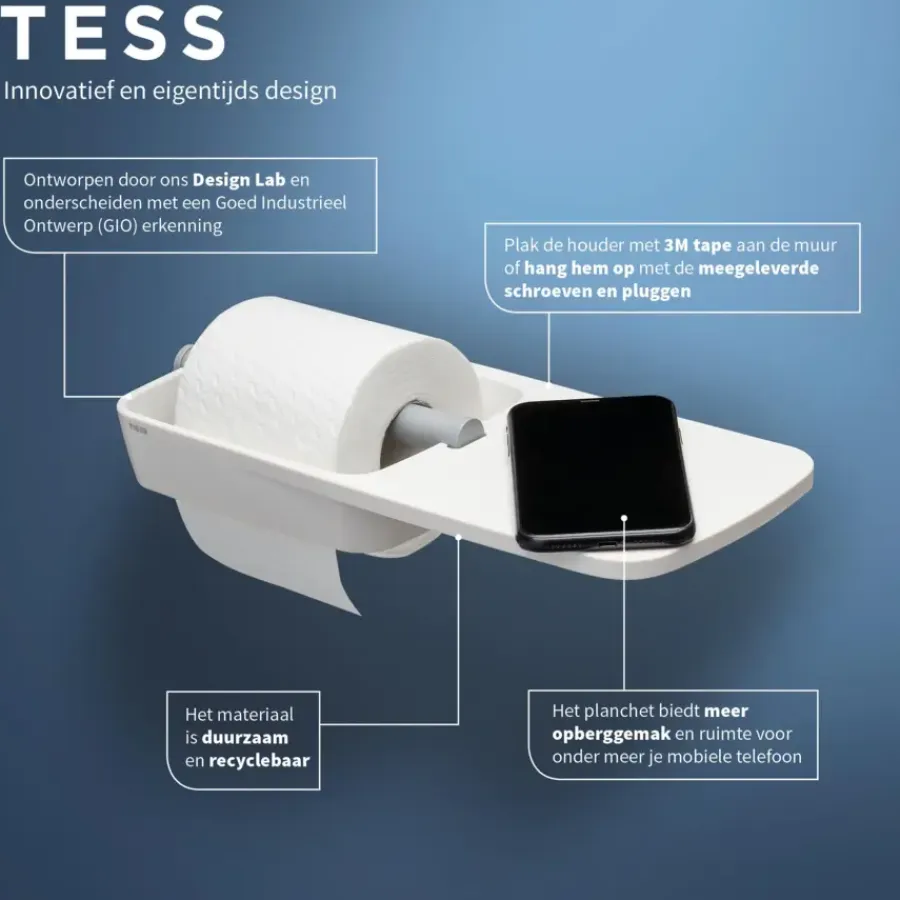 Tiger Toiletrolhouder TESS met planchet wit/lichtgrijs